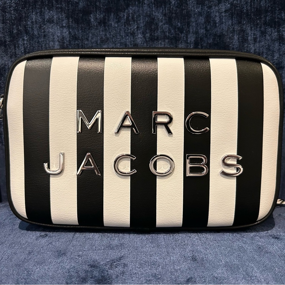MARC JACOBS The Flash Camera Bag in Black & White Striped Leather w/ Silver HW